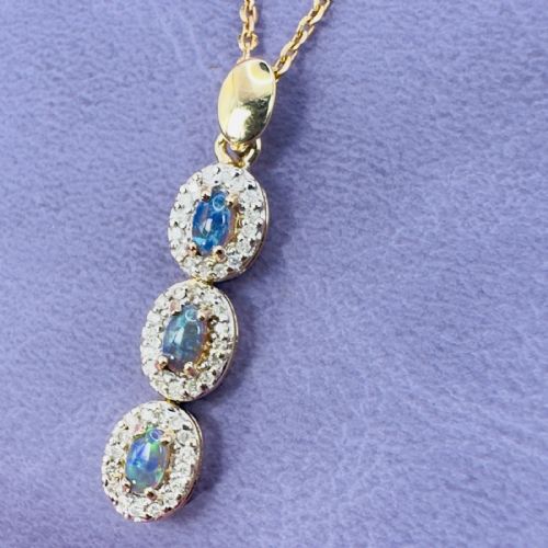 fig 1. 9ct Gold Trio of Black Opal and Diamond Cluster Pendant Necklace 5.8g