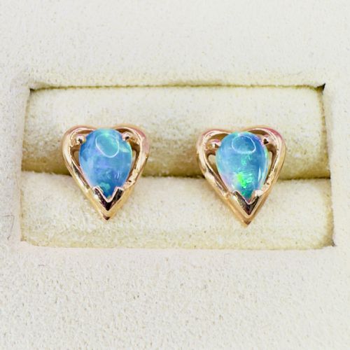 14ct Gold Pear Cut Black Opal Heart Stud Earrings