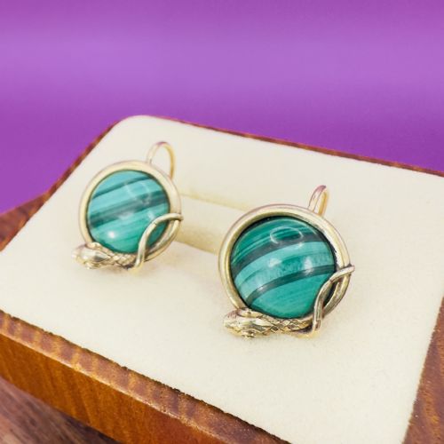 15ct Gold Victorian Malachite Snake Dangly Drop Earrings C.1870's