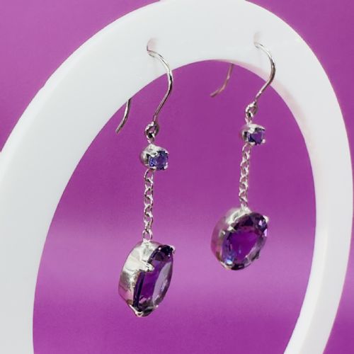 18CT WHITE GOLD ART DECO AMETHYST DROP DANGLY EARRINGS - ADDITIONAL PHOTO 8