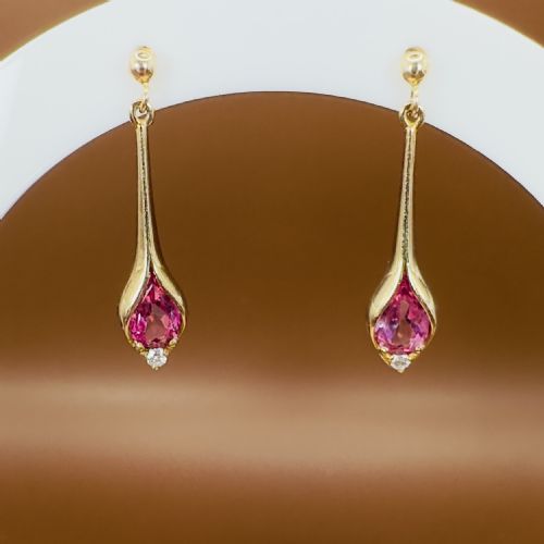 9ct Gold Faceted Pear Cut Pink Topaz and White Topaz Drop Stud Earrings