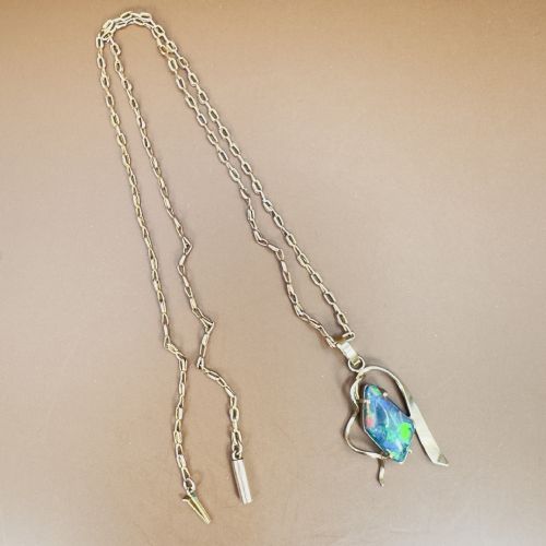 9CT GOLD ART DECO UNUSUALLY SHAPED BLACK OPAL 500CT DOUBLET PENDANT NECKLACE - ADDITIONAL PHOTO 6