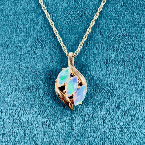 10ct Gold Triple Marquis Cut Black Opal Pendant Necklace