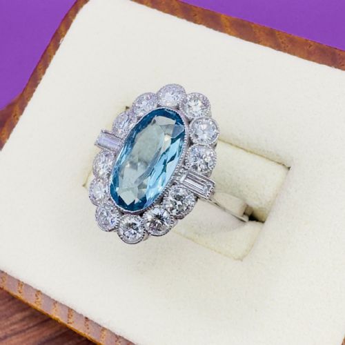 PLATINUM ELONGATED OVAL CUT AQUAMARINE 400CT DIAMOND 140CT CLUSTER RING - ADDITIONAL PHOTO 1