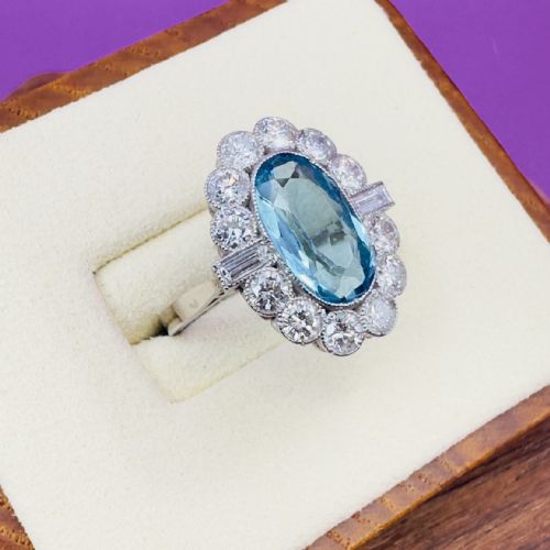 PLATINUM ELONGATED OVAL CUT AQUAMARINE 400CT DIAMOND 140CT CLUSTER RING - ADDITIONAL PHOTO 2