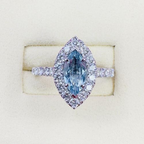 PLATINUM MARQUIS CUT AQUAMARINE 100CT AND DIAMOND 130CT CLUSTER RING 66G