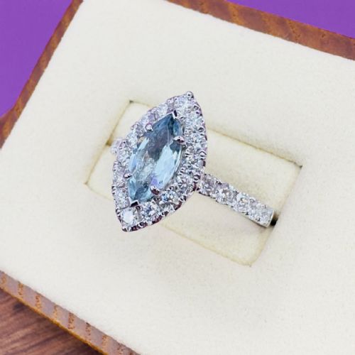PLATINUM MARQUIS CUT AQUAMARINE 100CT AND DIAMOND 130CT CLUSTER RING 66G - ADDITIONAL PHOTO 1