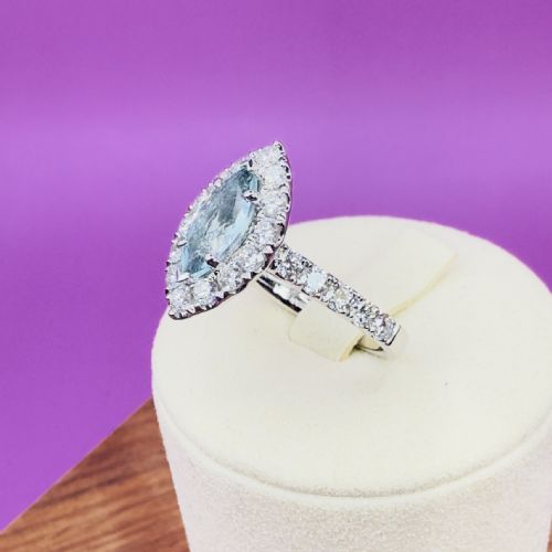PLATINUM MARQUIS CUT AQUAMARINE 100CT AND DIAMOND 130CT CLUSTER RING 66G - ADDITIONAL PHOTO 9