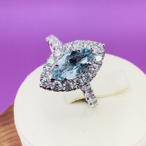 PLATINUM MARQUIS CUT AQUAMARINE 100CT AND DIAMOND 130CT CLUSTER RING 66G - ADDITIONAL PHOTO 12