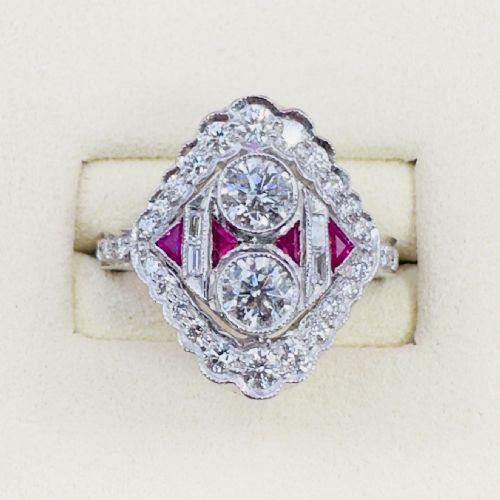 18CT WHITE GOLD NAVETTE DIAMOND 150CT AND RUBY CLUSTER RING CERTIFICATION
