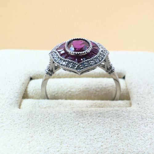 PLATINUM OVAL CUT RUBY AND DIAMOND CLUSTER RING - ADDITIONAL PHOTO 1