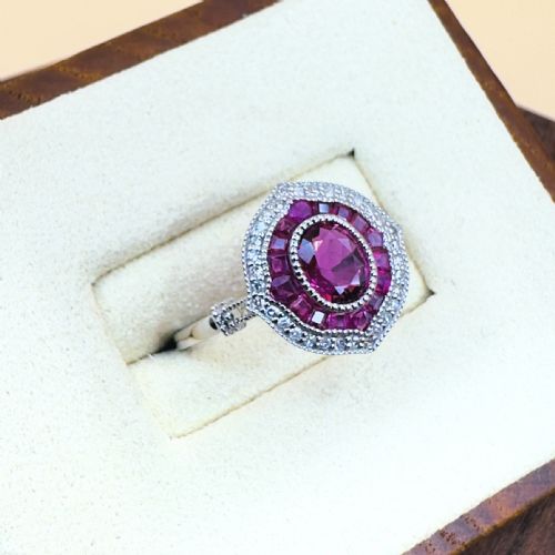PLATINUM OVAL CUT RUBY AND DIAMOND CLUSTER RING - ADDITIONAL PHOTO 2