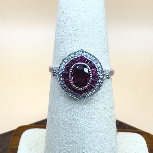 PLATINUM OVAL CUT RUBY AND DIAMOND CLUSTER RING - ADDITIONAL PHOTO 3