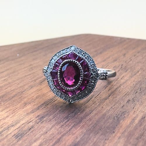 PLATINUM OVAL CUT RUBY AND DIAMOND CLUSTER RING - ADDITIONAL PHOTO 7