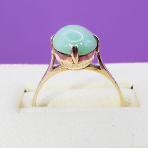 18CT GOLD ANTIQUE OVAL CUT CABOCHON JADE SOLITAIRE RING C1900 - ADDITIONAL PHOTO 3