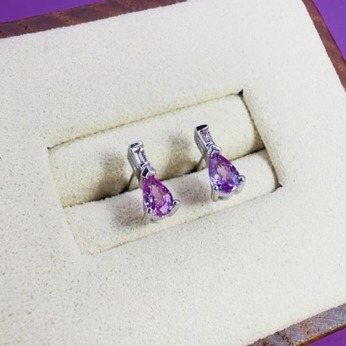 18CT WHITE GOLD PEAR CUT PINK SAPPHIRE AND TRAPEZOID CUT DIAMOND STUD EARRINGS - ADDITIONAL PHOTO 2