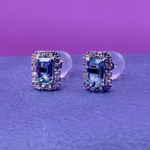 PLATINUM EMERALD CUT AQUAMARINE AND DIAMOND CLUSTER STUD EARRINGS - ADDITIONAL PHOTO 8