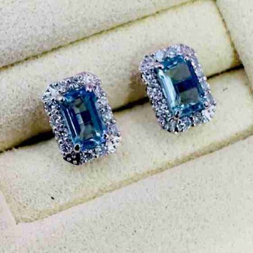 PLATINUM EMERALD CUT AQUAMARINE AND DIAMOND CLUSTER STUD EARRINGS