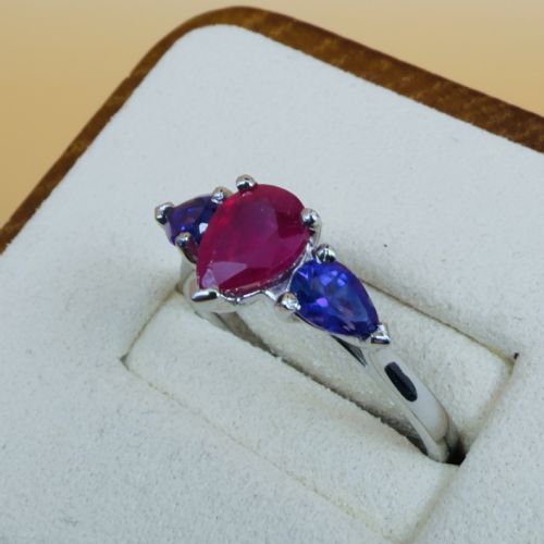 PLATINUM THREE STONE PEAR CUT RUBY AND AMETHYST DRESS RING - ADDITIONAL PHOTO 2