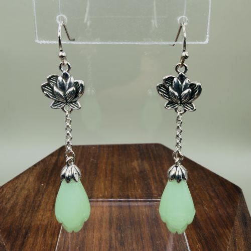 Sterling Silver Flower Drop Hook Earrings Set with Green Chalcedony Flower