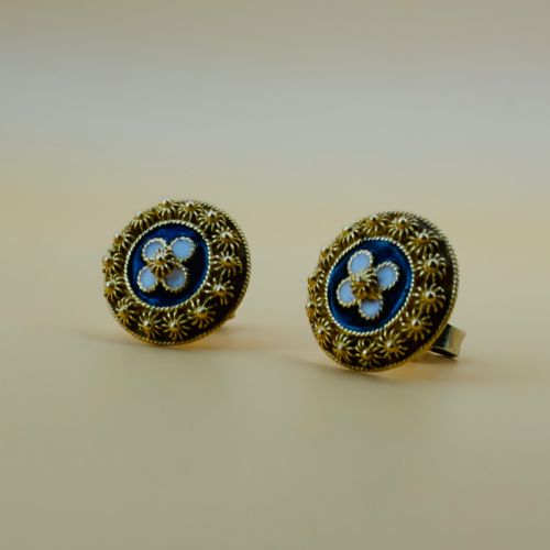 VINTAGE PORTUGESE 192CT GOLD ENAMEL FLORAL STUD EARRINGS - ADDITIONAL PHOTO 7