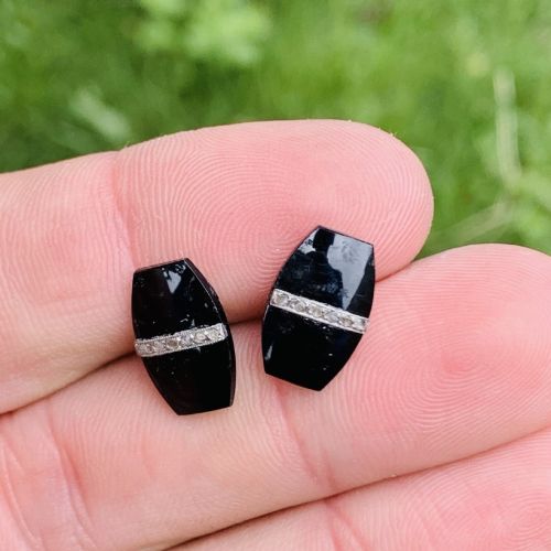 FRENCH ART DECO 18CT GOLD ONYX ROSE CUT DIAMOND IN PLATINUM STRIP STUD EARRING - ADDITIONAL PHOTO 1