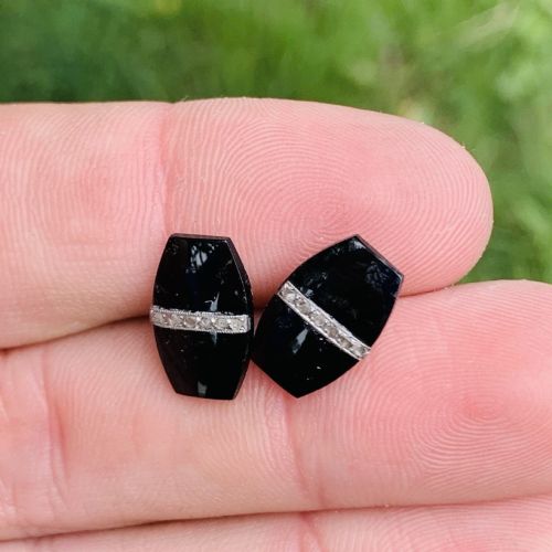 FRENCH ART DECO 18CT GOLD ONYX ROSE CUT DIAMOND IN PLATINUM STRIP STUD EARRING - ADDITIONAL PHOTO 3