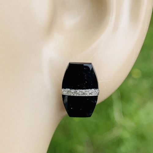 FRENCH ART DECO 18CT GOLD ONYX ROSE CUT DIAMOND IN PLATINUM STRIP STUD EARRING - ADDITIONAL PHOTO 6