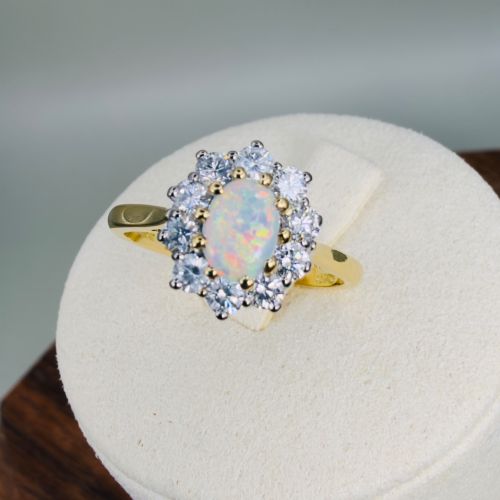 18ct Gold Cabochon Opal and Diamond (0.50ct) Cluster Ring