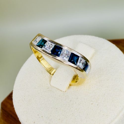 18ct Gold Princess Cut Diamond and Sapphire Half Eternity Wave Shaped Ring