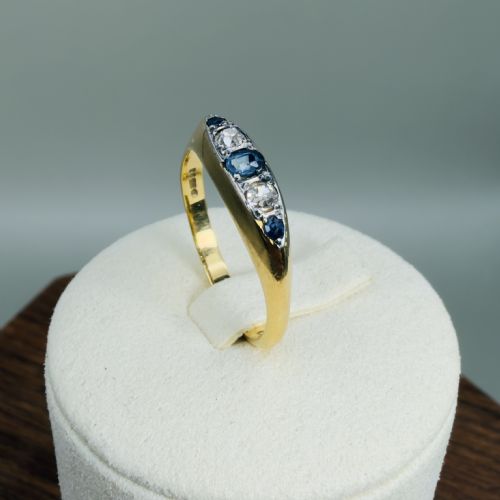 18ct Gold Vintage Sapphire and Old European Cut Diamond Five Stone Ring