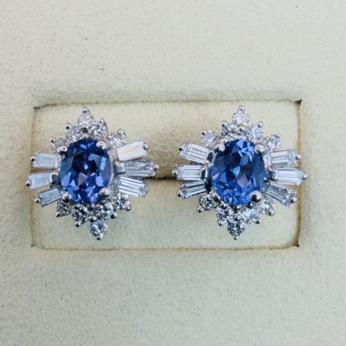 18ct White Gold Vintage Cornflower Sapphire & Diamond 1.00ct Cluster Screw Back Earrings