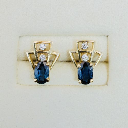 Art Deco 18ct Gold Oval Cut Sapphire and Diamond Stud Earrings, C.1920's