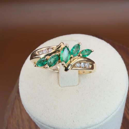 14ct Gold Marquis Cut Emeralds and Diamond Cluster Ring