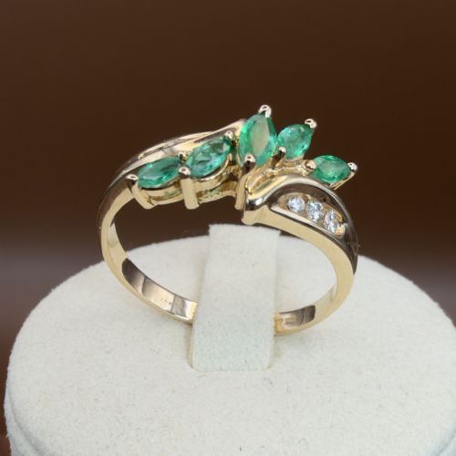 14ct Gold Marquis Cut Emeralds and Diamond Cluster Ring