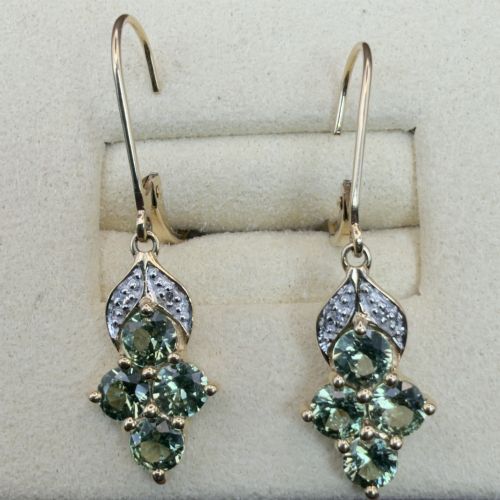 9ct Gold Teal Green Sapphires and Diamond Drop Hinge Back Earrings