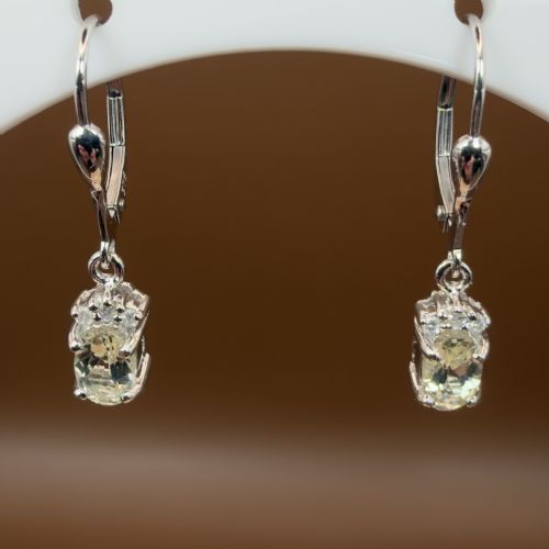 9ct White Gold Oval Cut Green Amethyst and Diamond Cluster Hinge Back Earrings
