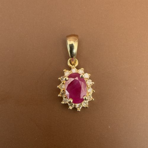 14ct Dold Oval Cut Ruby and Diamond (0.15ct) Cluster Pendant