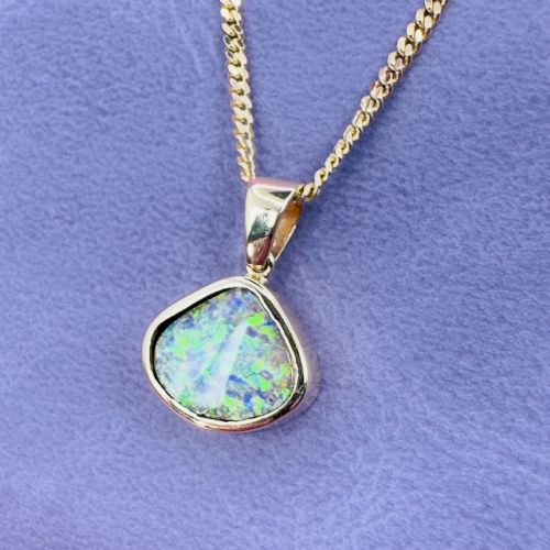 fig 1. 9ct Gold Unusual Shaped Boulder Black Opal Solitaire Pendant Necklace.