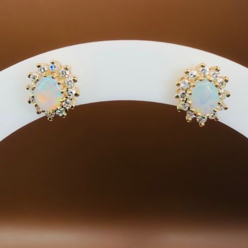 9ct Gold Oval Cut Cabochon Opal and Diamond Halo Cluster Stud Earrings