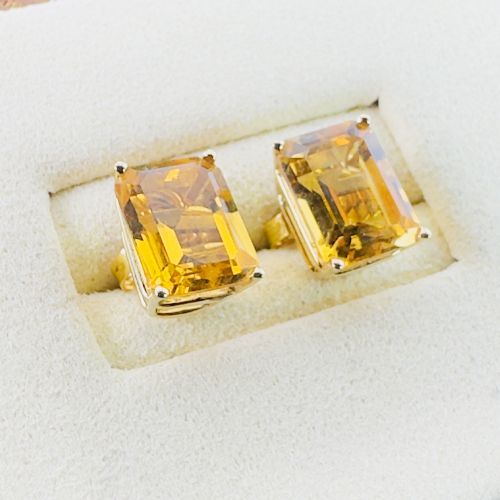 Art Deco 14ct Gold Emerald Cut Citrine (2.50ct) Stud Earrings, C1920's