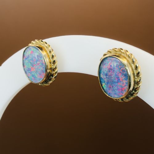 9ct Gold Large Black Opal Doublet Stud Earrings