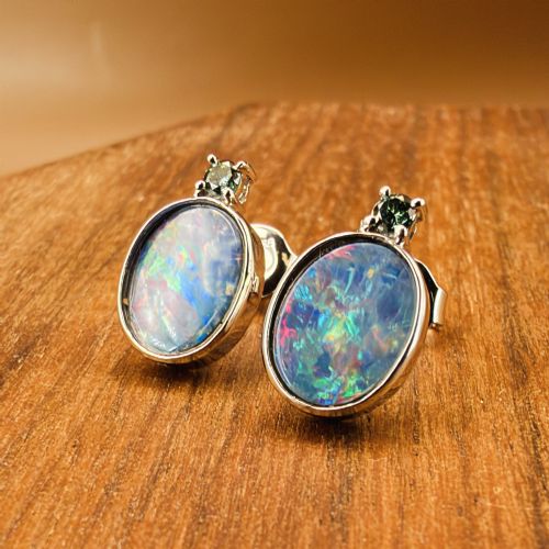 14ct White Gold Oval Cut Opal Doublet and Teal Green Diamond Stud Earrings