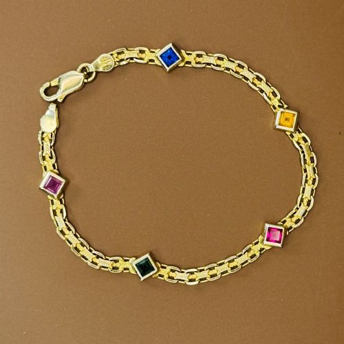 14ct Gold Vintage Italian Five Princess Cut Multi-gem Stone Bracelet, 6.63 Grams C.1950's