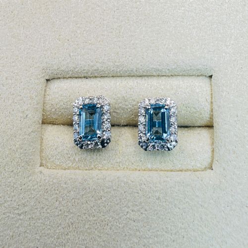 Platinum Emerald Cut Aquamarine and Diamond Cluster Stud Earrings