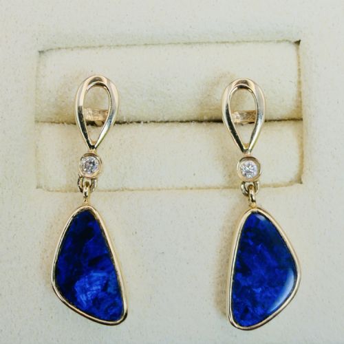 fig 1. 18ct Gold Black Boulder Opal and Diamond Drop Stud Earrings