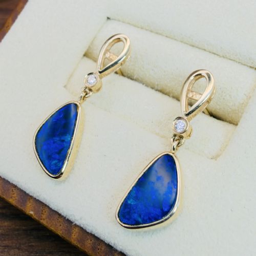 fig 2. 18ct Gold Black Boulder Opal and Diamond Drop Stud Earrings