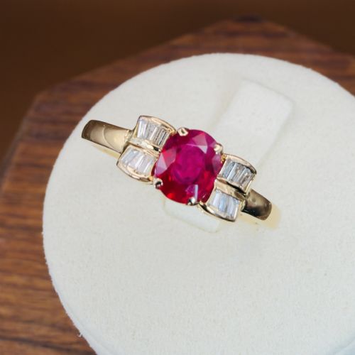 18ct Gold Oval Cut Ruby and Baguette Cut Diamond (0.25ct) Cluster Ring