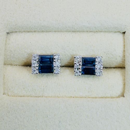 9ct White Gold Emerald Cut Sapphires and Diamond Cluster Stud Earrings