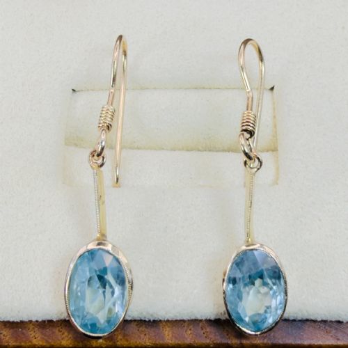 9ct Gold Art Deco Old Cut Blue Zircon Dangly Drop Earrings C.1920's